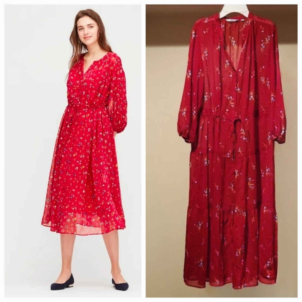 ❤️ UNIQLO SHEER FLOWY FLORAL MIDI DRESS, SMALL